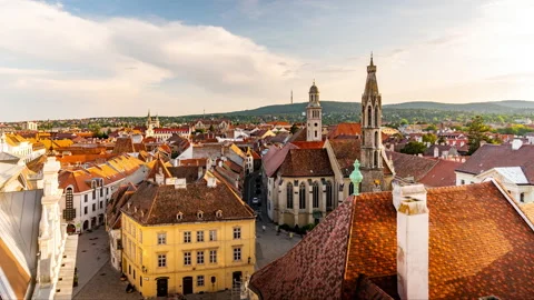 Time-lapse aerial view on the city Sopron a sunny summer day from the Medieval Stock Footage 159566403