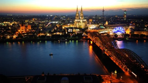 Time Lapse Aerial View of Cologne Cathedral Landmark and TV Tower Dusk to Night Stock Footage 96685210