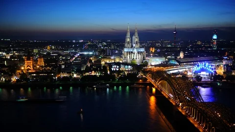 Time Lapse Aerial View Cologne Cathedral Building Iconic Landmark Dusk to Night Stock Footage 99319663