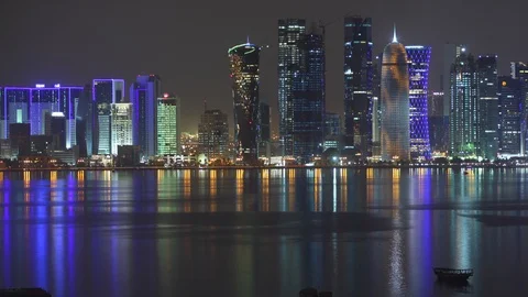 Time Lapse Aerial View of Doha City Skyline with Famous Burj Qatar Skyscrapers Video stock 91240029