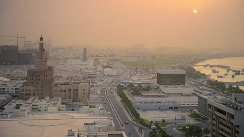 Time Lapse Aerial View of Doha City with Iconic Spiral Mosque Sightseeing Sunset Stock Footage 91240310