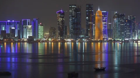 Time Lapse Aerial View of Doha City Skyline Famous Landmark Sightseeing Night Stock Footage 96332156