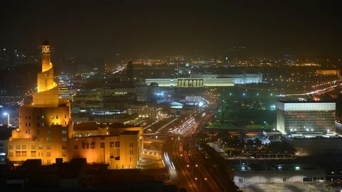 Time Lapse Aerial View of Doha City with Spiral Mosque and Car Traffic Jam Night Stock-Footage 104465466
