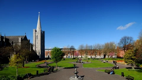 Time Lapse Aerial View of Dublin Irish People Walk at Saint Patrick's Cathedral Stock-Footage 98734867