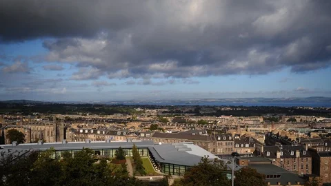 Time Lapse Aerial View of Edinburgh Skyline Residential Buildings Rooftops Day Stock Footage 99664862