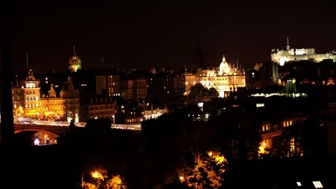 Time Lapse Aerial View of Edinburgh Skyline Building Car Traffic on Street Night Stock Footage 102344347