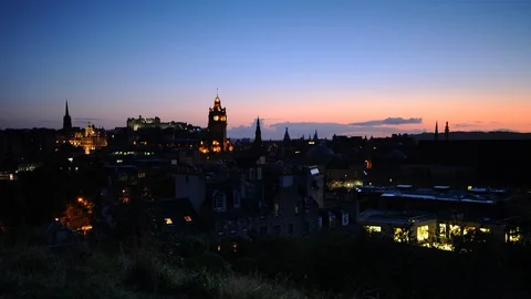 Time Lapse Aerial View Edinburgh Skyline Iconic Tourist Attraction Dusk to Night Video stock 102344701
