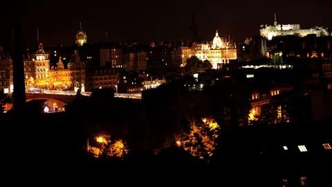 Time Lapse Aerial View of Edinburgh Skyline Landmark Cars Traffic Street Night Stock-Footage 104520780