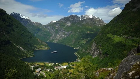 Time Lapse Aerial View Establishing Shot of Geiranger Fjord Beautiful Landscape Stock Footage 99320648