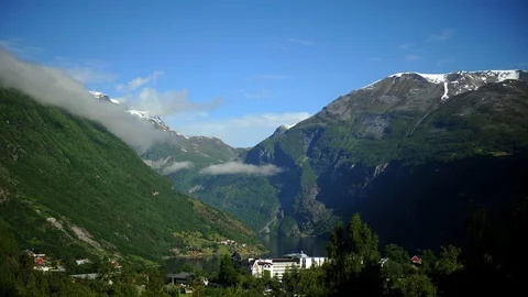 Time Lapse Aerial View Establishing Shot of Geiranger Fjord Norway Landscape Day Stock Footage 104474497