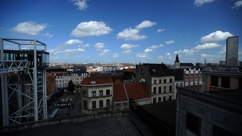 Time Lapse Aerial View Establishing Shot of Brussels Skyline Iconic Landmark Day Video stock 104520558