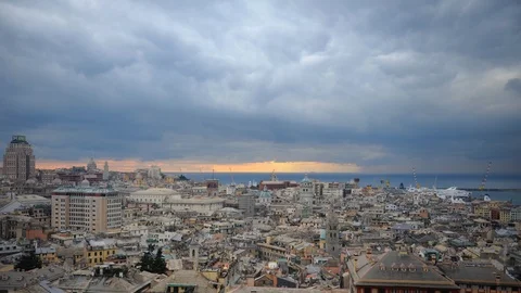 Time Lapse Aerial View Establishing Shot of Genoa Skyline Buildings Rooftops Day Stock Footage 109308566