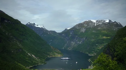 Time Lapse Aerial View of Ferry Boat Dock in Geiranger Fjord Beautiful Landscape Stock-Footage 98874809
