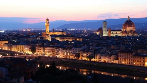 Time Lapse Aerial View of Florence Skyline Sightseeing Car Traffic Dusk to Night Stock Footage 99036745