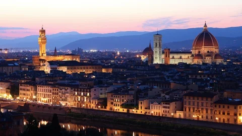 Time Lapse Aerial View of Florence Skyline Buildings Cars Traffic Dusk to Night Stock-Footage 104521607