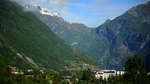 Time Lapse Aerial View of Geiranger Fjord Mountain Resort Amazing Norway Nature Stock Footage 104960341