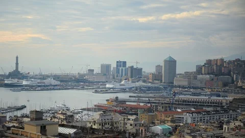 Time Lapse Aerial View of Genoa Skyline Building Luxury Ferryboat in City Port Stock Footage 106077656