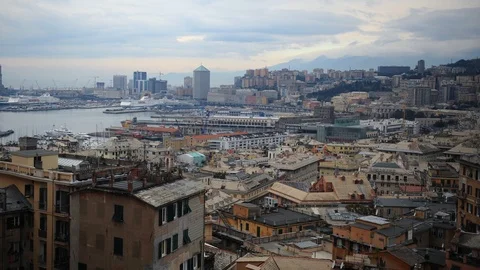 Time Lapse Aerial View of Genoa Skyline City Harbor Italian Houses Buildings Day Stock Footage 106441995