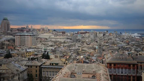 Time Lapse Aerial View of Genoa Skyline Buildings Rooftops Tourist Attraction Stock Footage 106442005