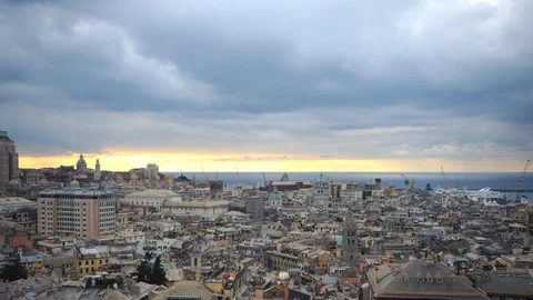 Time Lapse Aerial View of Genoa Skyline Famous Sightseeing Crowded Urban Scene Stock Footage 109307680