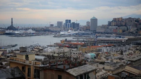 Time Lapse Aerial View of Genoa Skyline Buildings Rooftops and Cars Traffic Day Stock Footage 109308570