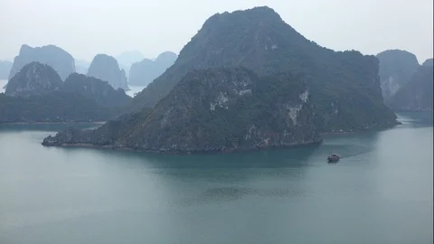 Time Lapse Aerial View of Ha Long Bay Vietnam Island Junk Boats Day Trip Cruise Stock Footage 102958798