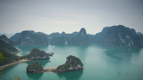 Time Lapse Aerial View of Ha Long Bay Vietnam Landscape Junk Boat In Port Cruise Video stock 104388538