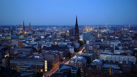 Time Lapse Aerial View Hamburg City Skyline Cars Traffic Rush Hour Dusk to Night Stock Footage 99321173