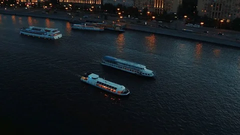 Time-lapse. Aerial view of Kremlin at night in Moscow, Russia. Touristic boats Stock Footage 79840766