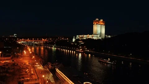 Time-lapse. Aerial view of Kremlin at night in Moscow, Russia. Touristic boats Stock Footage 79846933