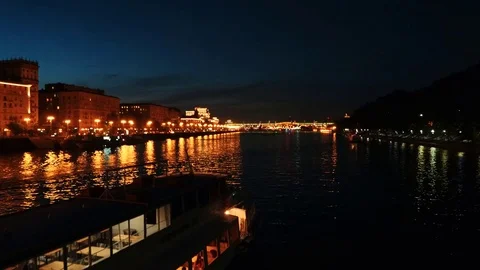 Time-lapse. Aerial view of Kremlin at night in Moscow, Russia. Touristic boats Stock Footage 79866091