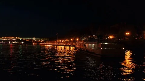 Time-lapse. Aerial view of Kremlin at night in Moscow, Russia. Touristic boats Stock Footage 79875039