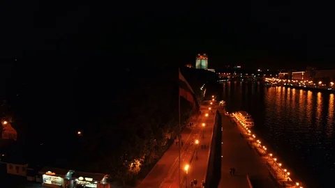 Time-lapse. Aerial view of Kremlin at night in Moscow, Russia. Touristic boats Stock Footage 79898478