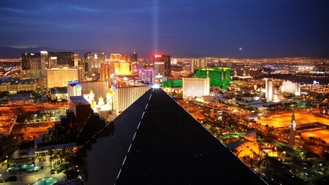 Time Lapse Aerial View Las Vegas City Skyline Famous Landmarks Hotels Dusk Night Video stock 90756591