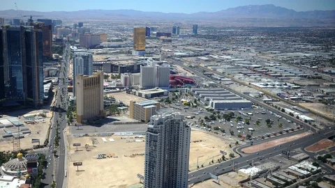 Time Lapse Aerial View of Las Vegas Skyline Buildings Cars Traffic Jam on Street Stock Footage 109299029