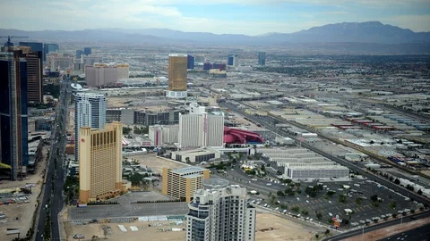 Time Lapse Aerial View of Las Vegas Skyline Iconic Gambling Buildings Landmark Stock-Footage 109299164