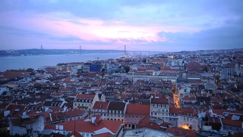 Time Lapse Aerial View Lisbon Skyline Famous Landmark 25th of April Bridge Dusk Stock-Footage 104493673