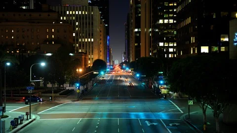 Time Lapse Aerial View Los Angeles Downtown Skyline Cars Traffic Crossroad Night Stock Footage 99138612