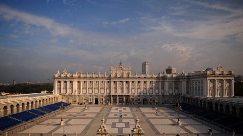 Time Lapse Aerial View of Madrid City People Visit Royal Palace Iconic Landmark Video stock 99385779