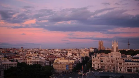Time Lapse Aerial View of Madrid City Skyline Cars Traffic Street Dusk to Night Video stock 104963382