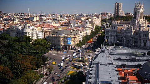 Time Lapse Aerial View of Madrid Skyline with Cars Traffic Jam on Crowded Street Stock Footage 109312641