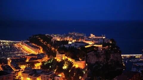 Time Lapse Aerial View Monaco Ville with Prince's Palace Landmark Dusk to Night Stock Footage 92577618