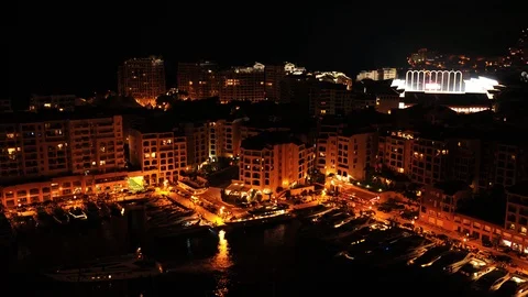 Time Lapse Aerial View of Monaco Fontvieille Skyline Yacht in Port Night Lights Video stock 94821919