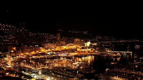 Time Lapse Aerial View of Monte Carlo Skyline Iconic Landmark Cars Traffic Night Stock Footage 105720615