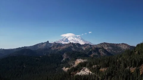 Time-Lapse Aerial View of Mount Rainier and Moving Clouds, Washington Stock Footage 348419052
