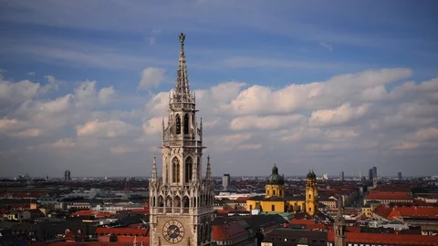 Time Lapse Aerial View of Munich City Skyline People Visit New Town Hall Tower Stock Footage 94823963