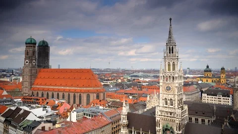 Time Lapse Aerial View Munich City Skyline Famous Marienplatz German Landmark Stock Footage 104963908