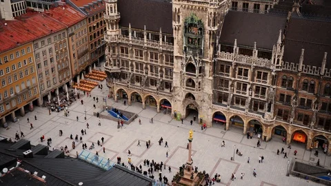Time Lapse Aerial View Munich Tourists People in Marienplatz Tourist Attraction Stock Footage 106436113