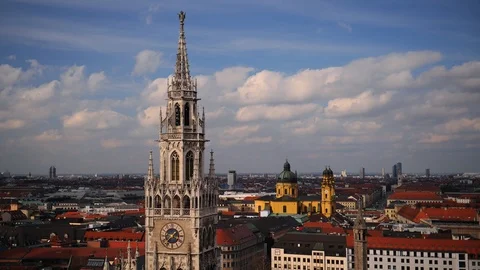 Time Lapse Aerial View of Munich City Skyline Iconic Building Tower Landmark Day Stock Footage 106436123