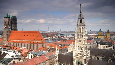 Time Lapse Aerial View of Munich Skyline Iconic Landmark Crowded Urban Scene Day Video stock 109301558